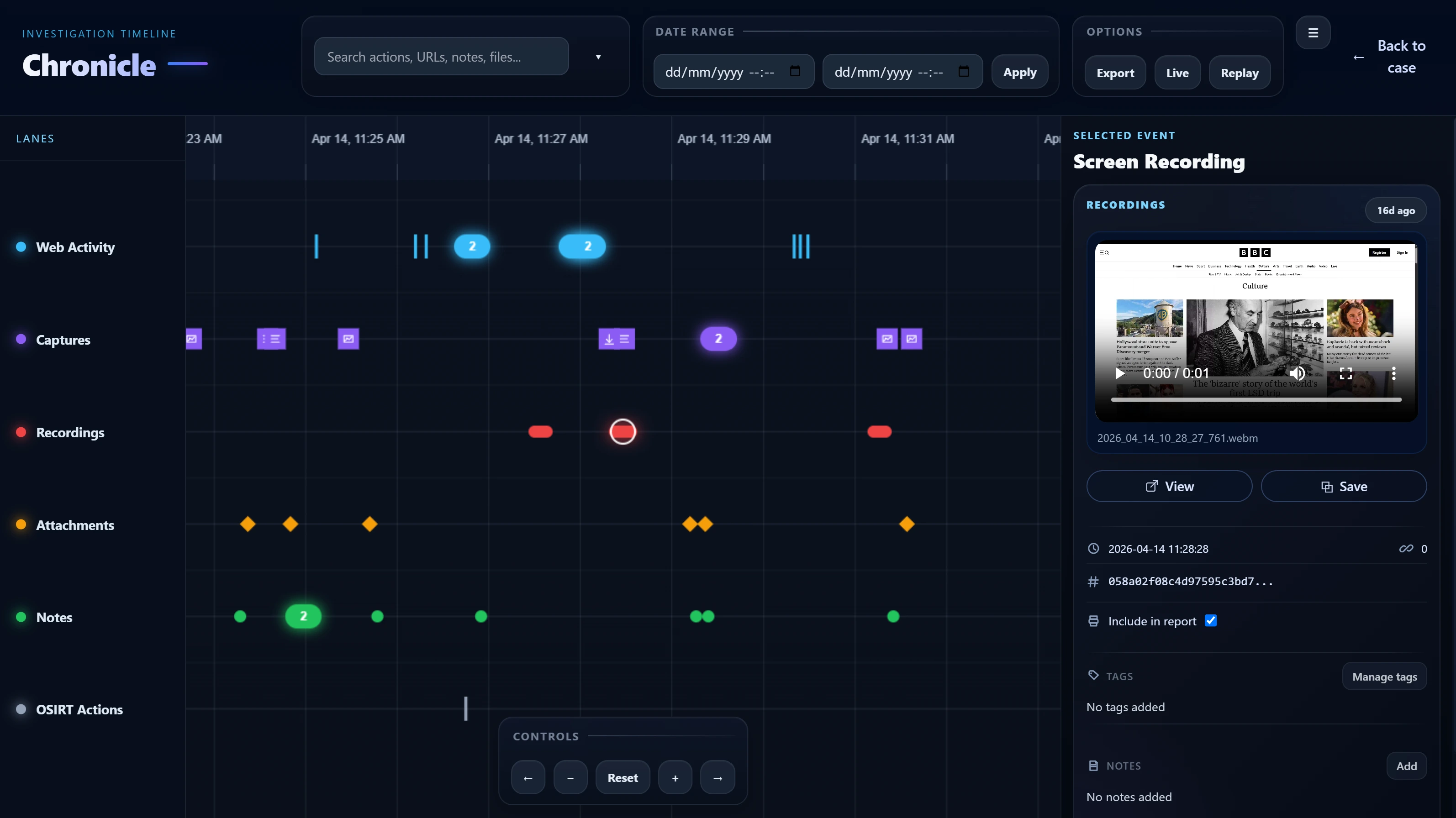 Chronicle opened from the main dashboard, showing the full timeline view.